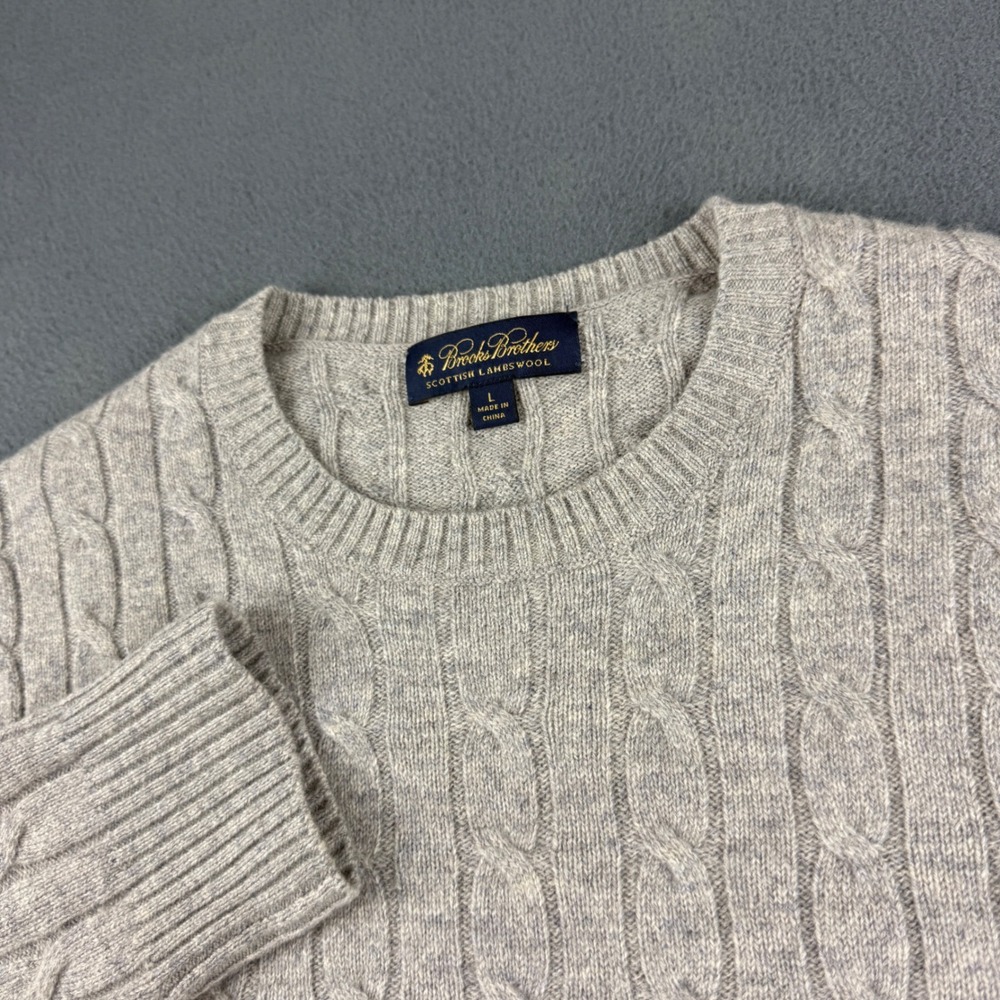 Brooks Brothers Sweater Men's L Gray Scottish Lambswool Cable Knit Crewneck